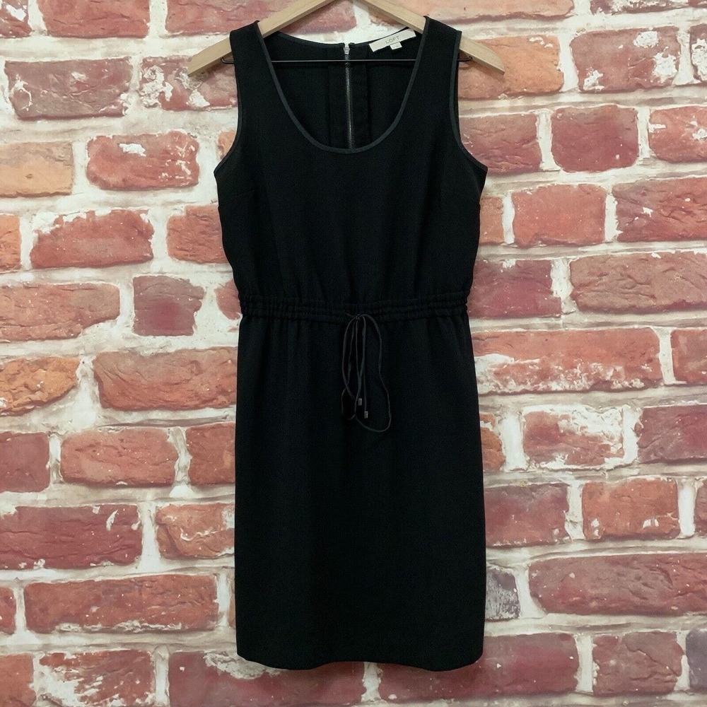 Ann Taylor Loft Dress Women's Size 4 Plain Black Satin Trim Zip Up Tie Waist